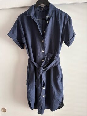 J.Crew Navy Capitane 100% Linen Shirt Dress with Tie Waist - Small Tall
